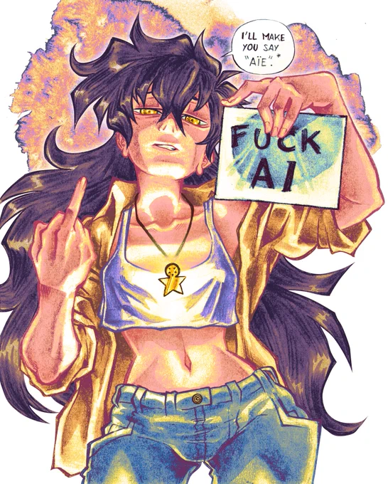 Sam' flipping off the viewer (hopefully a tech bro or an AI apologist) while holding a sign that reads "Fuck AI".
She adds : I'll make you say "AÏE"*.

*"Aïe" is french for "ouch".