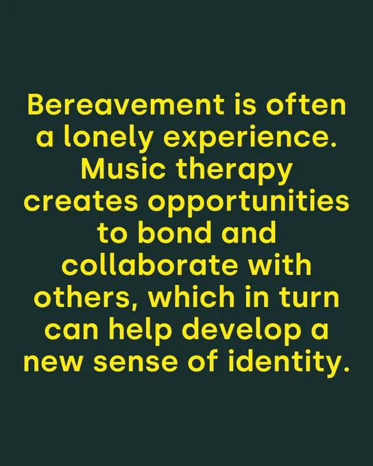 Bright yellow background with bold black text discussing the benefits of music therapy in developing new sense of identity through bonding and collaboration.