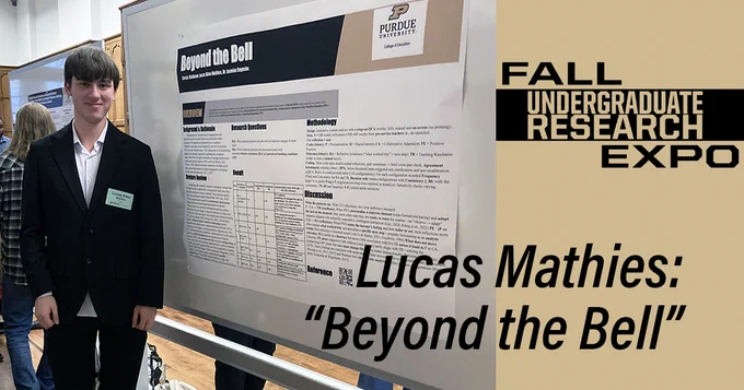 Male student standing in front of research poster with text “Lucas Mathies: Beyond the Bell”