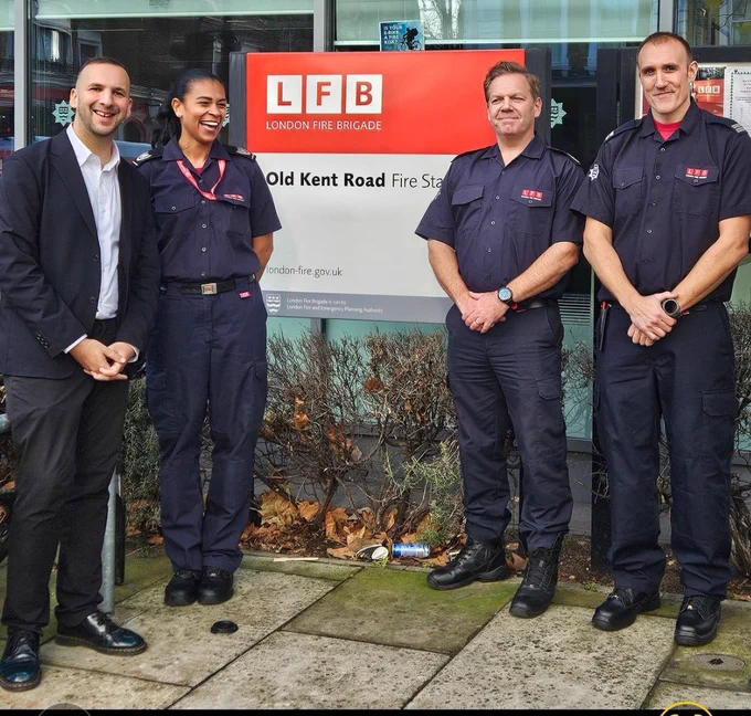 Zack and Firefighters outside Old Kent Road station