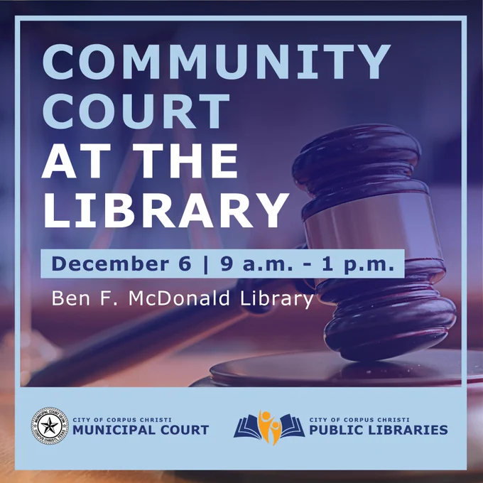Image of a gavel with text. The text on the image reads: Community Court at the Library. December 6. 9 a.m. to 1 p.m. Ben F. McDonald Library.