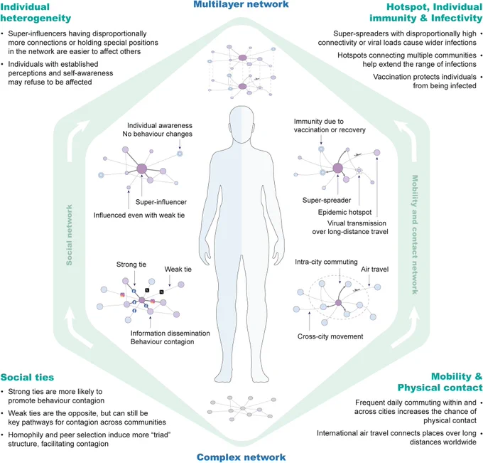 Graphic illustrating the potential impact of social, mobility and contact networks on infectious disease transmission. 