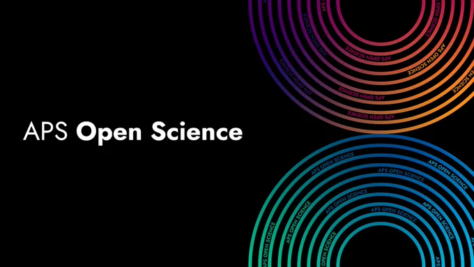 A black background graphic featuring the words “APS Open Science” in bold white text on the left. On the right, two circles stacked one above the other, each with multiple rings in gradients of purple, orange, blue, and green. Inside the rings, text reads “APS OPEN SCIENCE” in colors that match the rings.
