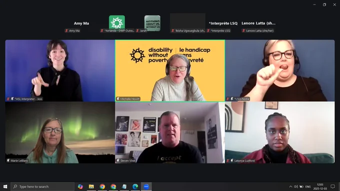 Zoom screenshot with headshots of ASL and LSQ interpreters, Latonya, Steve, and Michelle.