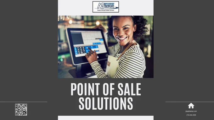 A smiling woman in a striped shirt using a touchscreen point-of-sale system in a retail setting, with overlay text reading "Point of Sale Solutions" and AG Displays' logo, phone number ( 724.552.4905), email (@agdisplays.com), and a QR code.