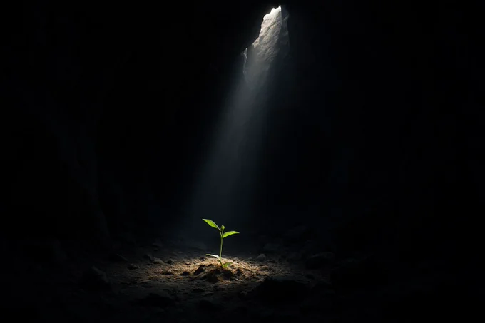 A plant growing in a sunbeam in a dark cave