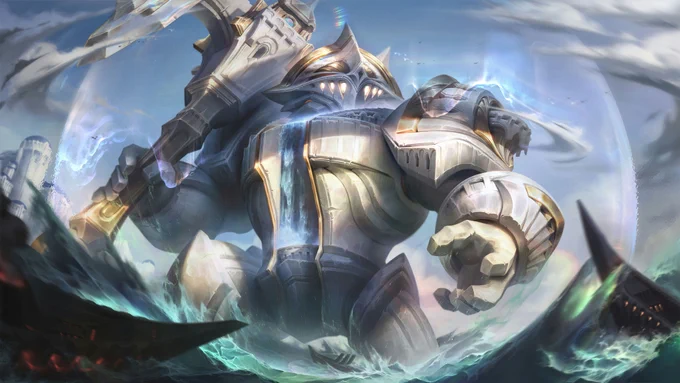 Petricite Nautilus rises high above the waves, knocking back invading ships as a protective sphere surrounds it. The titan appears like the city come to life, its giant anchor like that of a Demacian spire. 
