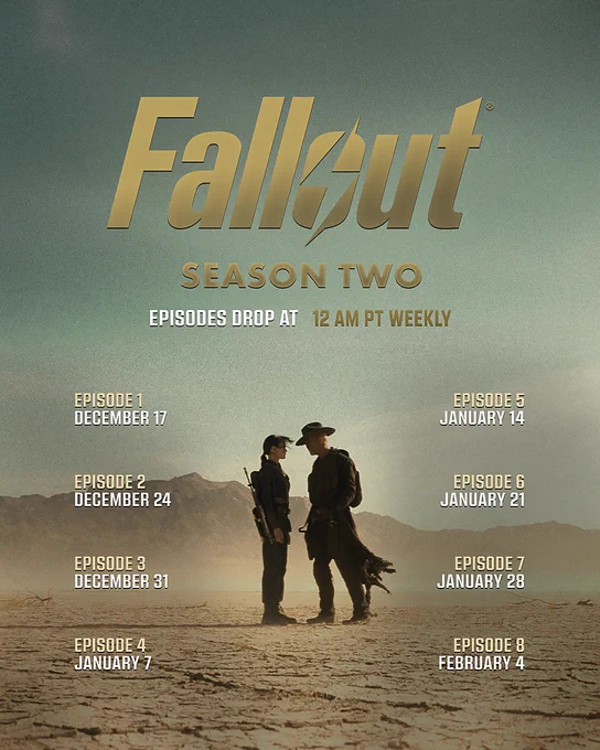 Lucy and the Ghoul are stood facing each other in a barren, dry desert landscape. The text surrounding them reads: "FALLOUT SEASON TWO / Episodes drop at 12am PT weekly / Episode 1 December 17 / Episode 2 December 24 / Episode 3 December 31 / Episode 4 January 7 / Episode 5 January 14 / Episode 6 January 21 / Episode 7 January 28 / Episode 8 February 4"