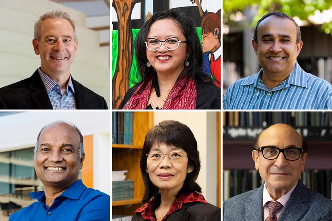 A collage of six professional portraits featuring individuals in academic or research settings. Backgrounds include modern architecture, colorful artwork, greenery, bookshelves, and office environments, with subjects dressed in business or business-casual attire.