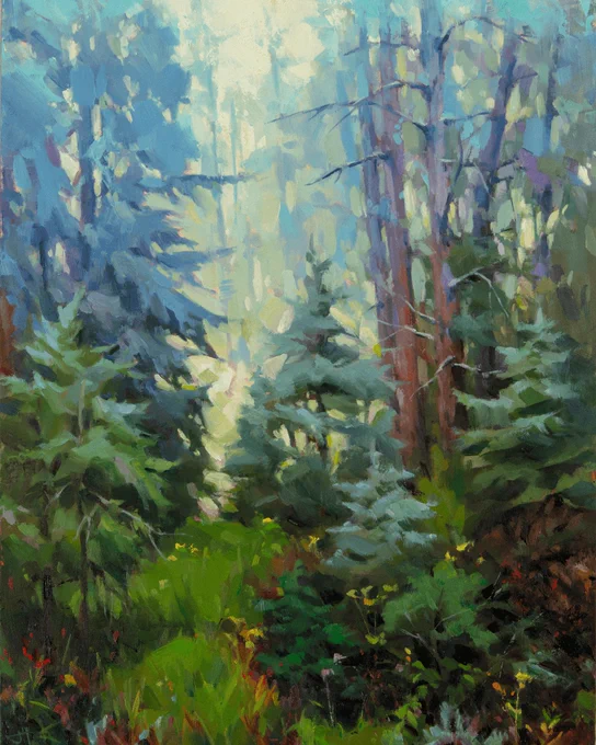 A misty forest scene painted in soft greens and blues, with layered evergreens and filtered light, by Judd Mercer, oil on panel. Posted by Abend Gallery in Denver, Colorado, USA.