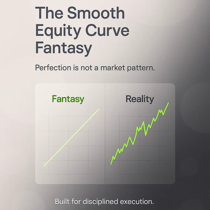 A graphic titled “The Smooth Equity Curve Fantasy.” Below it, the text reads “Perfection is not a market pattern.” The image shows two side-by-side charts: one labeled “Fantasy,” displaying a perfectly straight upward-sloping line, and one labeled “Reality,” showing a jagged but overall rising equity curve. At the bottom, the text says “Built for disciplined execution.”