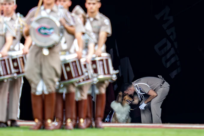 Person in a scout uniform bending down to kiss a dog in front of a drum line at a performance.