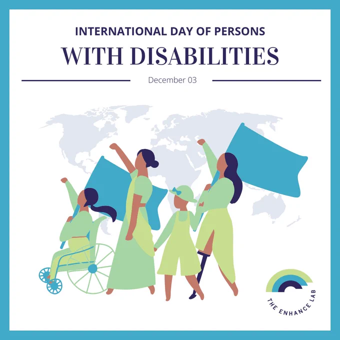 An image with a light blue border celebrating International Day of Persons with Disabilities. At the top centre, a dark purple title reads, International Day of Persons with Disabilities. Smaller text below continues, December 3. Below the text is an image of 4 people marching together while holding hands and carrying flags. In the bottom right corner is the ENHANCE Lab logo. 
