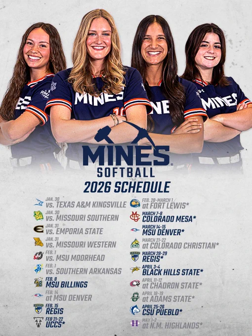 The 2026 Mines Softball schedule featuring Taylor Wayne, Kat Miller, Kendall Aragon and Katie Bauer 
