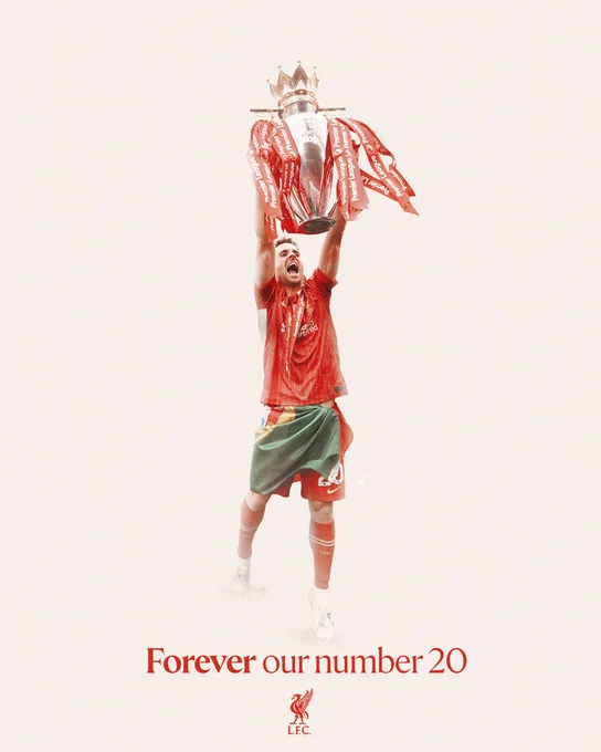 An image showing Diogo Jota lifting the Premier League trophy, with text underneath reading "Forever our number 20"