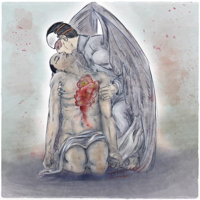 Angel of Death Tsurumi kissing Usami Tokishige dying. I Usami's chest there are some red poppies simulating his heart and bl0od. 