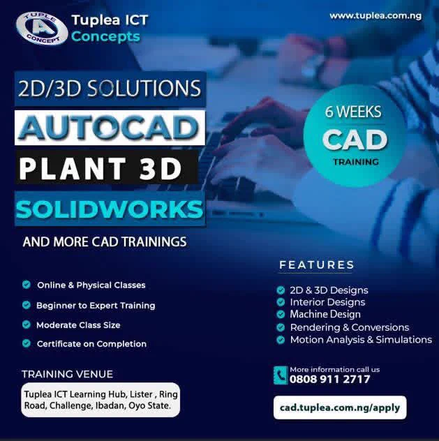 Register for training in AutoCAD, Plant 3D, Solidworks, Revit, Marvelous Designer and more CAD software at Tuplea ICT virtually or physically in Ibadan.