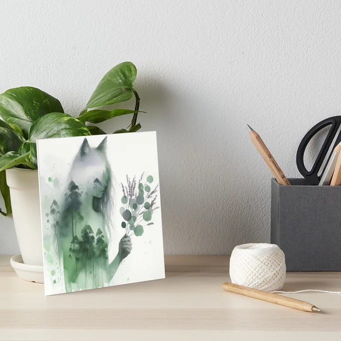 Card with an artsy watercolour painting of a wolf spirit holding gum leaves with a eucalyptus forest superimposed. 