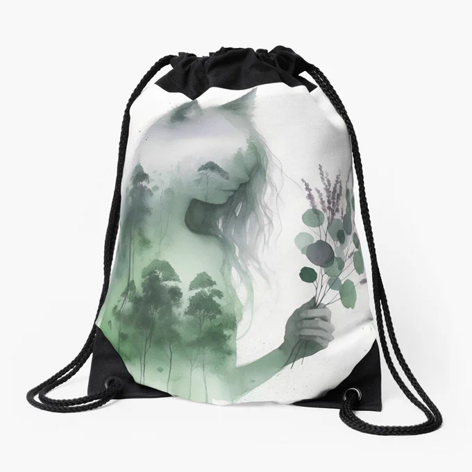 Drawstring bag with an artsy watercolour painting of a wolf spirit holding gum leaves with a eucalyptus forest superimposed. 