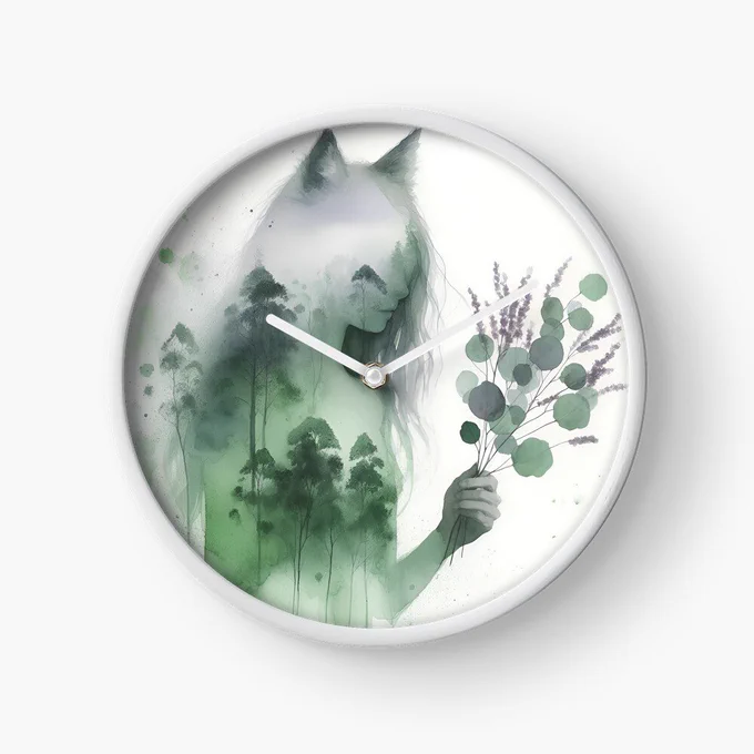 Clock with an artsy watercolour painting of a wolf spirit holding gum leaves with a eucalyptus forest superimposed. 