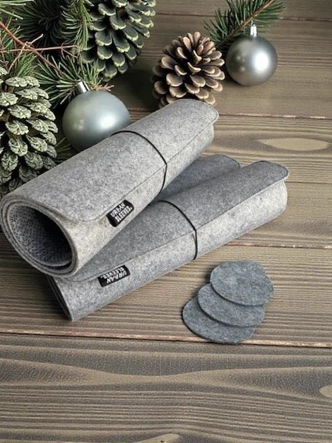 Felt Desk  mats rolled up and felt drink coasters  for Christmas gifting.
