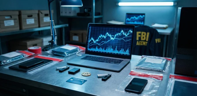 A forensic workstation in an FBI evidence room showing a laptop with blockchain analysis charts, sealed evidence bags, hardware wallets, and digital devices used in a cryptocurrency investigation.