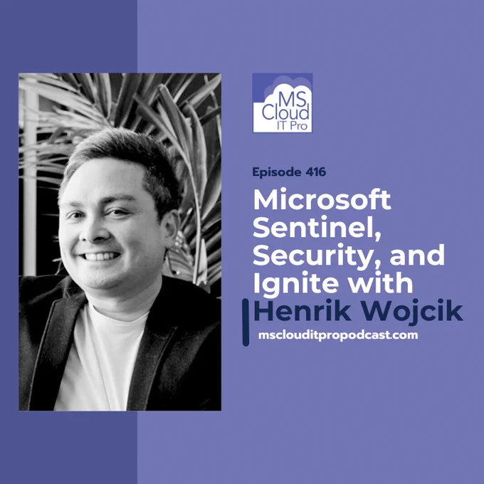 Episode 416 podcast graphic featuring Ben and Henrik Wojcik discussing Microsoft Sentinel, security, and Ignite updates.