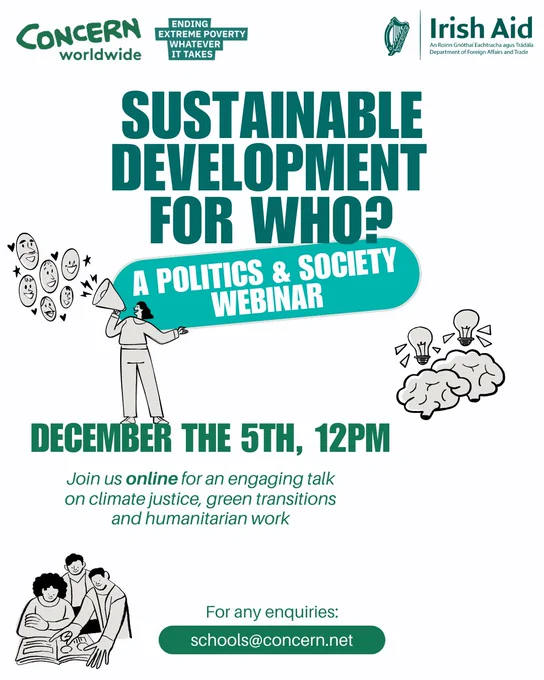 We will reflect on the following question from this year's Politics and Society Leaving Cert course:
'Establish through research the human rights challenges arising from some sustainable development measures designed to combat the climate crisis.'
We will explore some of the much-needed sustainable development measures, and the human rights challenges that often arise as a result, to delve more into the topic of 'green' transitions. 

Use the following link to register! https://us02web.zoom.us/meeting/register/t1kgalZRRQmdj0PyomDVlw#/registration