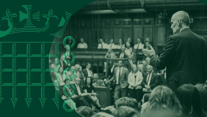 Green graphic with portcullis logo and green background. An image of the House of Commons Chamber is overlayed in a green and beige colourway 