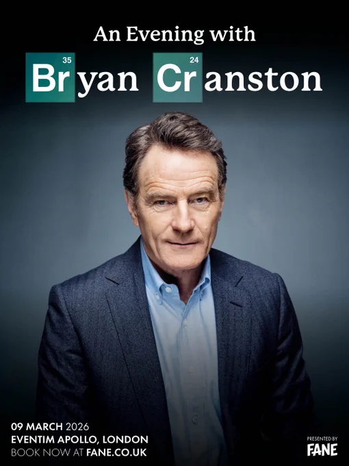 Promotional poster for "An Evening with Bryan Cranston" at Eventim Apollo, London on March 9, 2026, featuring a close-up of the actor looking directly at the camera.