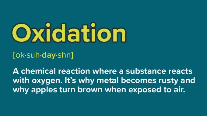 The word "Oxidation" with pronunciation guide and definition: A reaction with oxygen causing rust in metals and browning in apples.