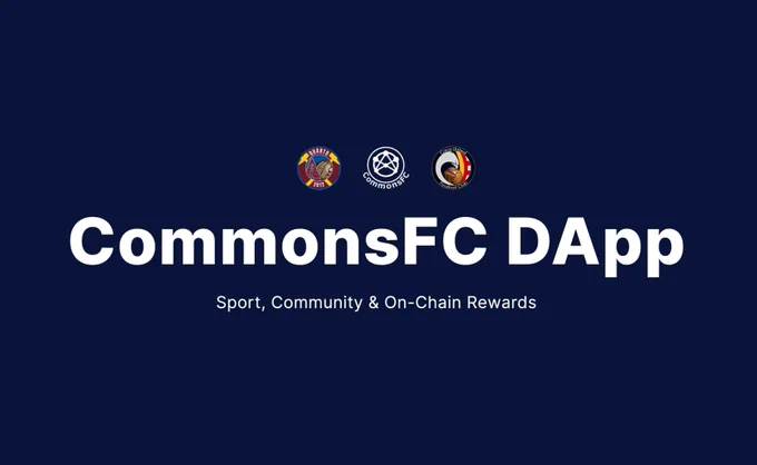 Three football club logos — Cava United, CommonsFC, and Quarto 2012 — are displayed at the top of a dark blue background. Below them, centered white text reads “CommonsFC,” with a subtitle “Sport, Community & On-Chain Rewards.” The design is minimal, clean and modern, highlighting the collaboration between the three community-owned football clubs.