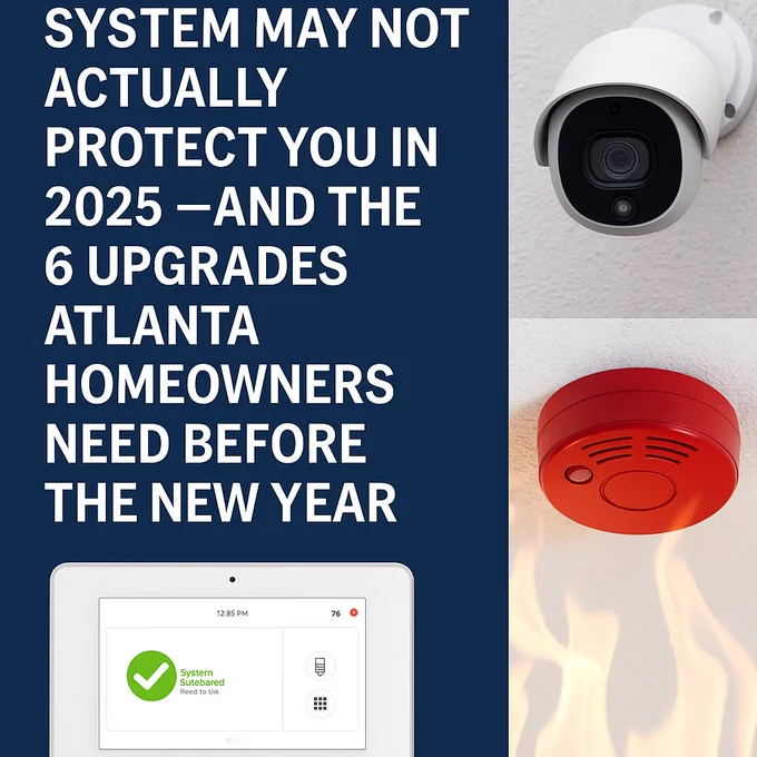 Home security upgrade infographic showing modern Alarm.com ADC-V730 camera, smart touchscreen alarm panel, surge protection, smoke detector replacement, and flood detection for Marietta and Atlanta homeowners. Visual elements highlight 2025 security system improvements including AI-driven cameras, Wi-Fi 6 connectivity, visual verification for faster police response, updated Honeywell and Qolsys panels, and monitored fire protection. Image designed for Premier Security Inc., serving Marietta Square, East Cobb, and the greater Atlanta metro since 2007.