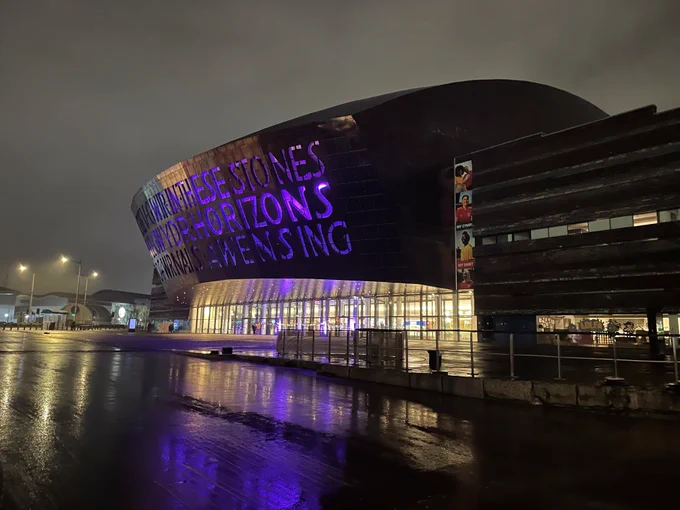 Cardiff Bay Millennium Centre at night. 