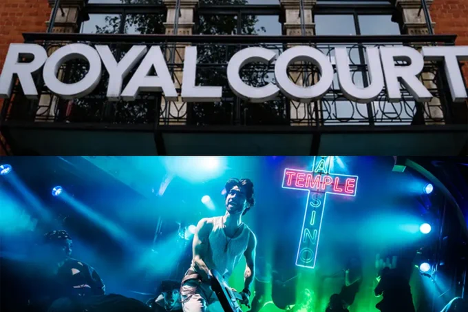 A photo in two halves - the top showing the words "Royal Court" on the exterior of a building, the bottom showing a group of performers dancing in a neon-lit room 