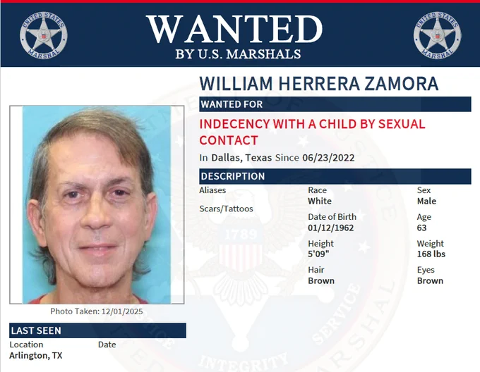 Wanted poster for William Herrera Zamora, wanted for indecency with a child by sexual contact, last seen in Arlington, TX, age 63, brown hair and eyes.