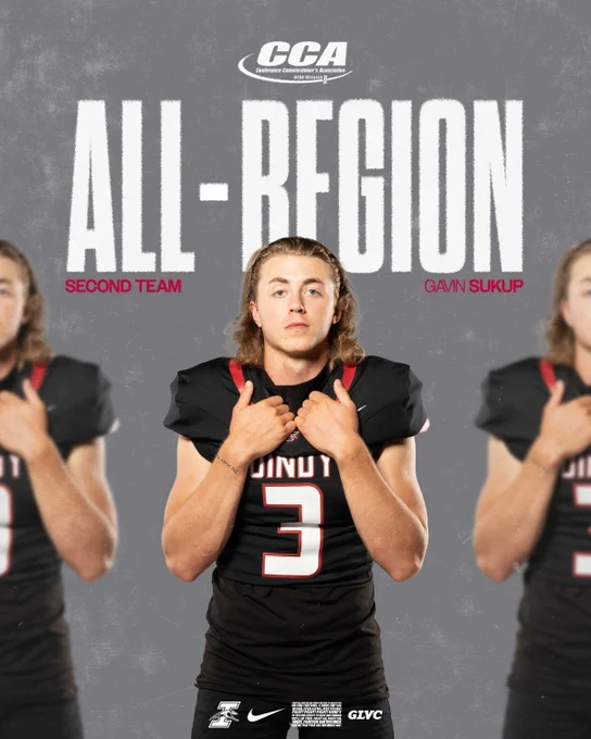 A graphic promoting UIndy football player Gavin Sukup as a D2CCA All-region Second Team honoree.