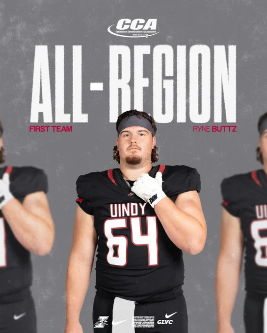 A graphic promoting UIndy football player Ryne Buttz as a D2CCA All-region First Team honoree.