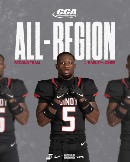 A graphic promoting UIndy football player TJ Easley-Jones as a D2CCA All-Region Second Team honoree.