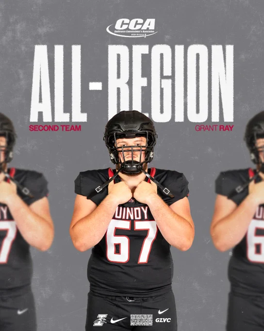 A graphic promoting UIndy football player Grant Ray as a D2CCA All-Region Second Team honoree.