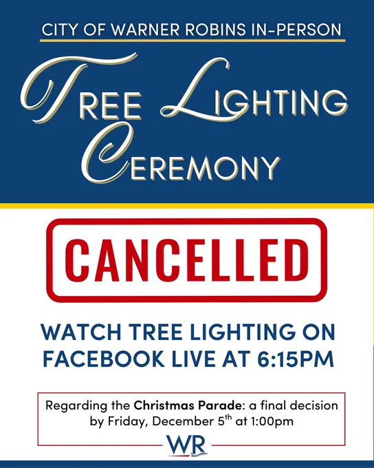 Due to the forecast of inclement weather the difficult decision to cancel the in-person Christmas Tree Lighting Ceremony today.  Watch us light the tree on the City's Facebook Live at 6:15PM. 