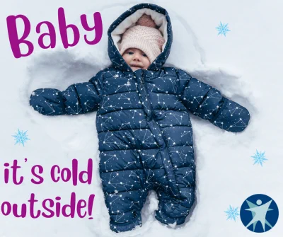 Baby in snowsuit making a snow angel and the DHS logo. 