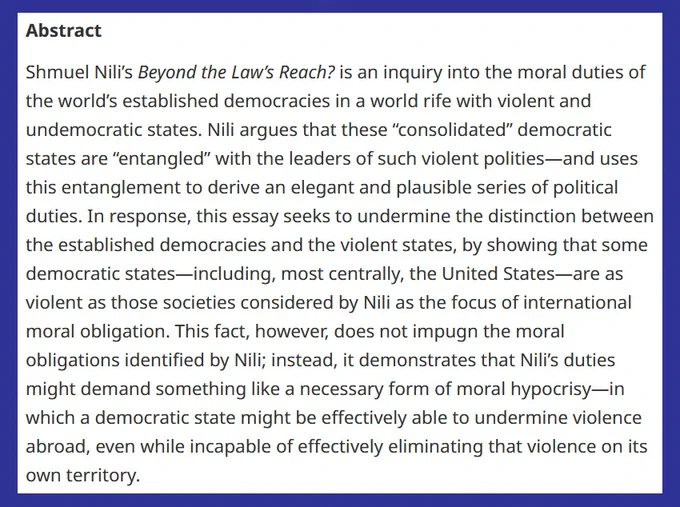 EIA abstract discussing Shmuel Nili's book Beyond the Law's Reach, which examines the relationship between democratic states and violent international policies.
