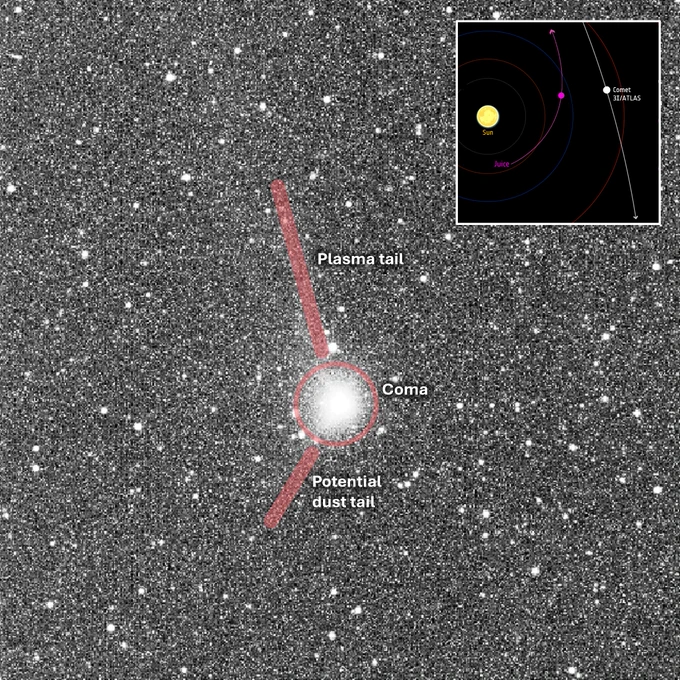 Grainy space image, with white dots on a dark background. At the centre of the image is a larger, bright white blob with a faint white line stretching towards the top of the frame. Key elements of the image are labelled: coma, plasma tail, potential dust tail. An inset shows the location of the Sun, Juice and comet 3I/ATLAS during the observation.