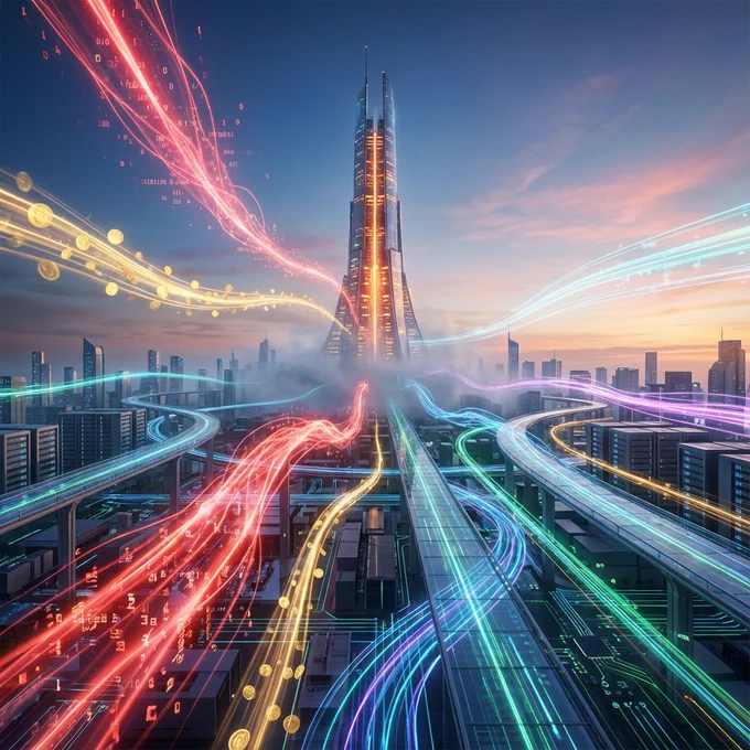 Generated with Nano Banana (gemini-3-pro-image-preview). Prompt: Hyperrealistic cinematic photograph: Dynamic energy forms, representing competing AI powers, intensely race towards a colossal, glowing computational spire at sunrise within a sprawling futuristic digital metropolis. One form emits a fierce 'code-red' puls, another trails shimmering golden financial energy, while others forge paths with vivid data streams. Wide-angle, low eye-level perspective, emphasizing scale and relentless drive. Atmospheric lighting combines dawn hues with electric cyans, purples, and high-contrast reds/golds. Infused with neural network patterns, optical interconnects, vast server farms. Ultra-detailed, epic scale, award-winning professional photography, 16k, no text.