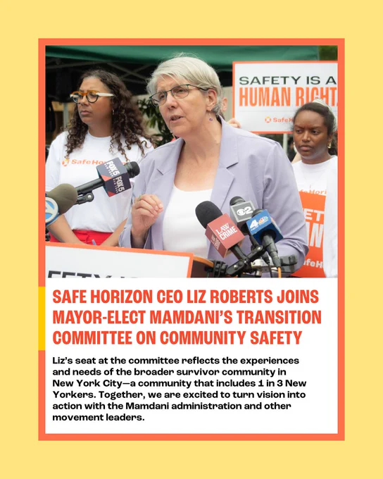 Safe Horizon CEO Liz Roberts, a woman with short gray hair, speaks at a podium surrounded by microphones from various news outlets (FOX 5, Law & Crime, CBS 2). She is wearing a light purple blazer over a white top. Behind her, two women stand under a banner that reads "SAFETY IS A HUMAN RIGHT" and "Safe Horizon." The bottom of the graphic includes text announcing: "SAFE HORIZON CEO LIZ ROBERTS JOINS MAYOR-ELECT MAMDANI'S TRANSITION COMMITTEE ON COMMUNITY SAFETY." 