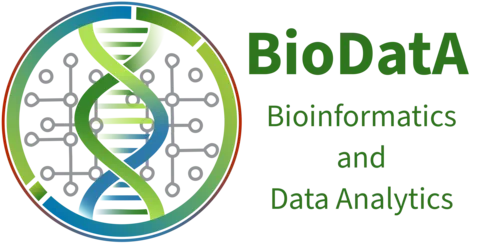The logo of the Bioinformatics and Data Analytics research group at the Martin Luther University Halle-Wittenberg features a DNA molecule and a network graph. The colors unite the faculties for natural sciences, medicine, and the Institute for Computer Science.