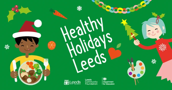 Image shows young people enjoying activities including sports, arts and crafts, and eating food. Text reads: Healthy Holidays Leeds.