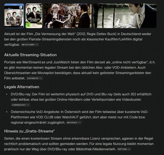 Screenshot der Antwort von Perplexity auf den Prompt "Die Vermessung der welt Film online". Zusammengefasst steht dort, dass der Film aktuell bei keinem einzigen Streaminganbieter verfügbar ist und es lediglich die Option gibt, ihn als DVD oder Blue-Ray zu kaufen.