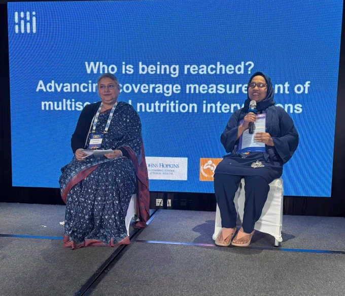 Image 3. Aklima Parvin, IFPRI having a dialogue with Prof. Nazma Shaheen from the University of Dhaka, Bangladesh on data needs and uses for tracking coverage 